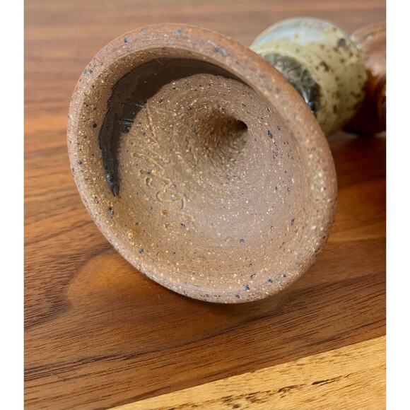 Vintage Pair of Handmade Stoneware Glazed Candlestick Holders Signed Hanson - Picture 10 of 15